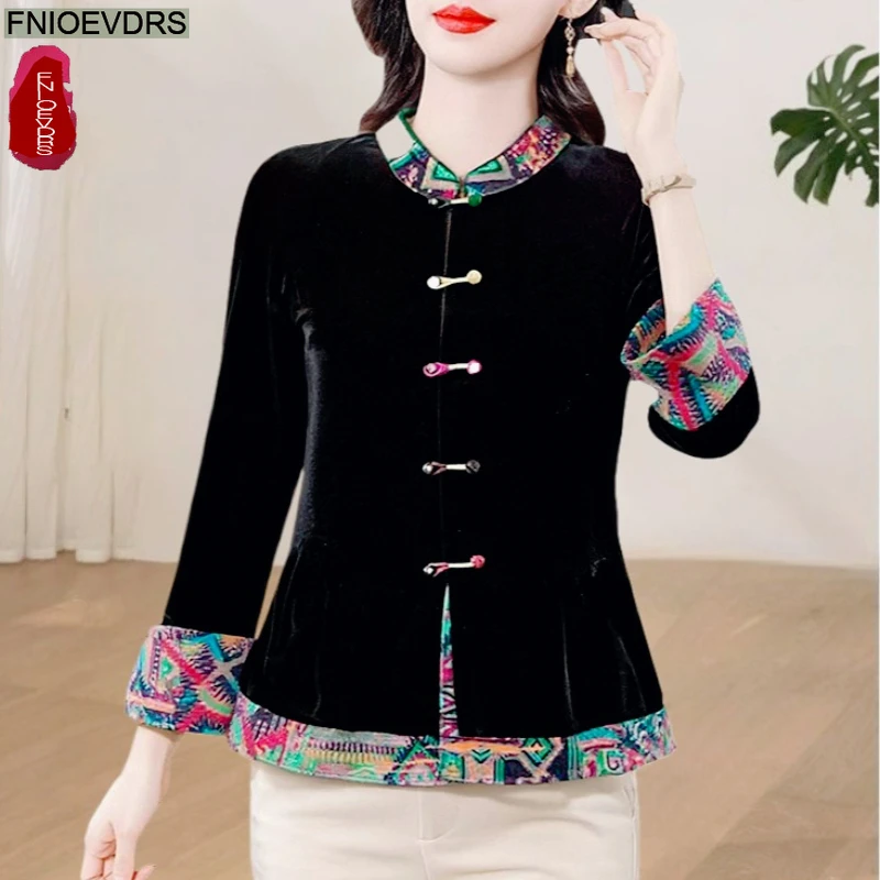 

Black Velvet Tops Blouses Elegant Lady New Year Chinese Style Embroidery Flower Retro Vintage Stand Collar Basics Shirts