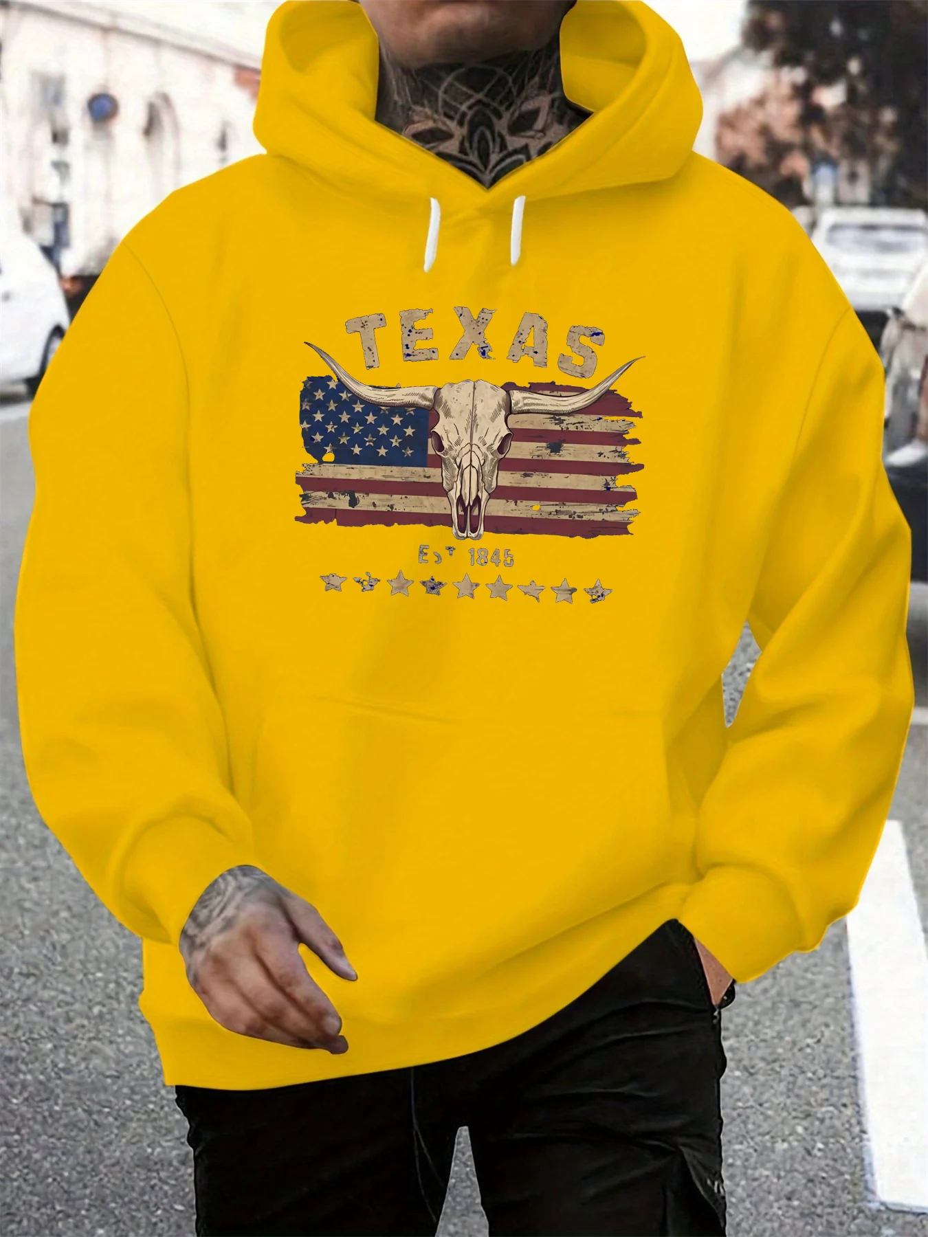 Outono e inverno masculino casual solto moletom com capuz com texas longhorned vaca crânio padrão manga comprida pulôver quente