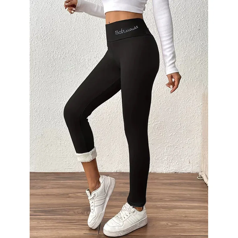 Letter Embroidery High Waist Leggings Women Thicken Thermal Lamb Wool Yoga Pants Female New Slim Fit Elastic Out Wear Leggings