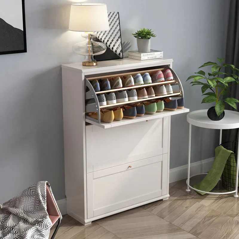 Light Luxury Tipping Shoe Cabinet Solid Wood Ultra-thin Adjustable Partition Entrance Shoe Changing Stool Modern Home Furniture