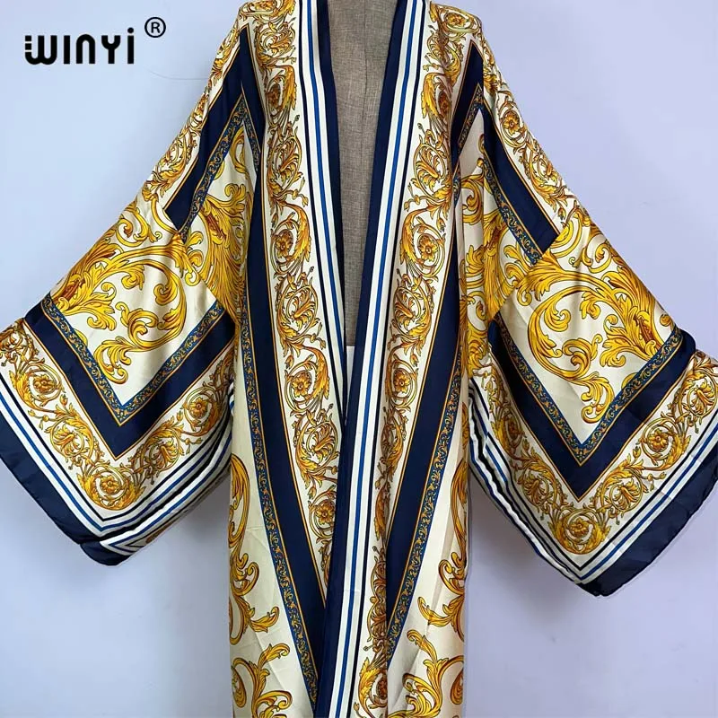 WINYI kimono Africa summer boho print Bikini Cover-up Elegant fashion Cardigan sexy Holiday long Sleeve silk feeling maxi dress