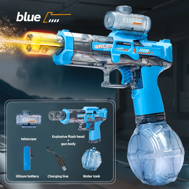 Summer Electric Water Gun Automatic Squirt Gun Linkage Return Flashing Lights Long Range 8M Large Capacity Summer Pool Beach Toy