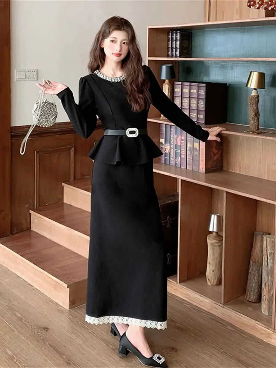 

Новая модная элегантная и утягивающая блузка с рюшами и юбкой-миди, комплекты из двух предметов для женщин, роскошные костюмы с кружевной юбкой из бисера