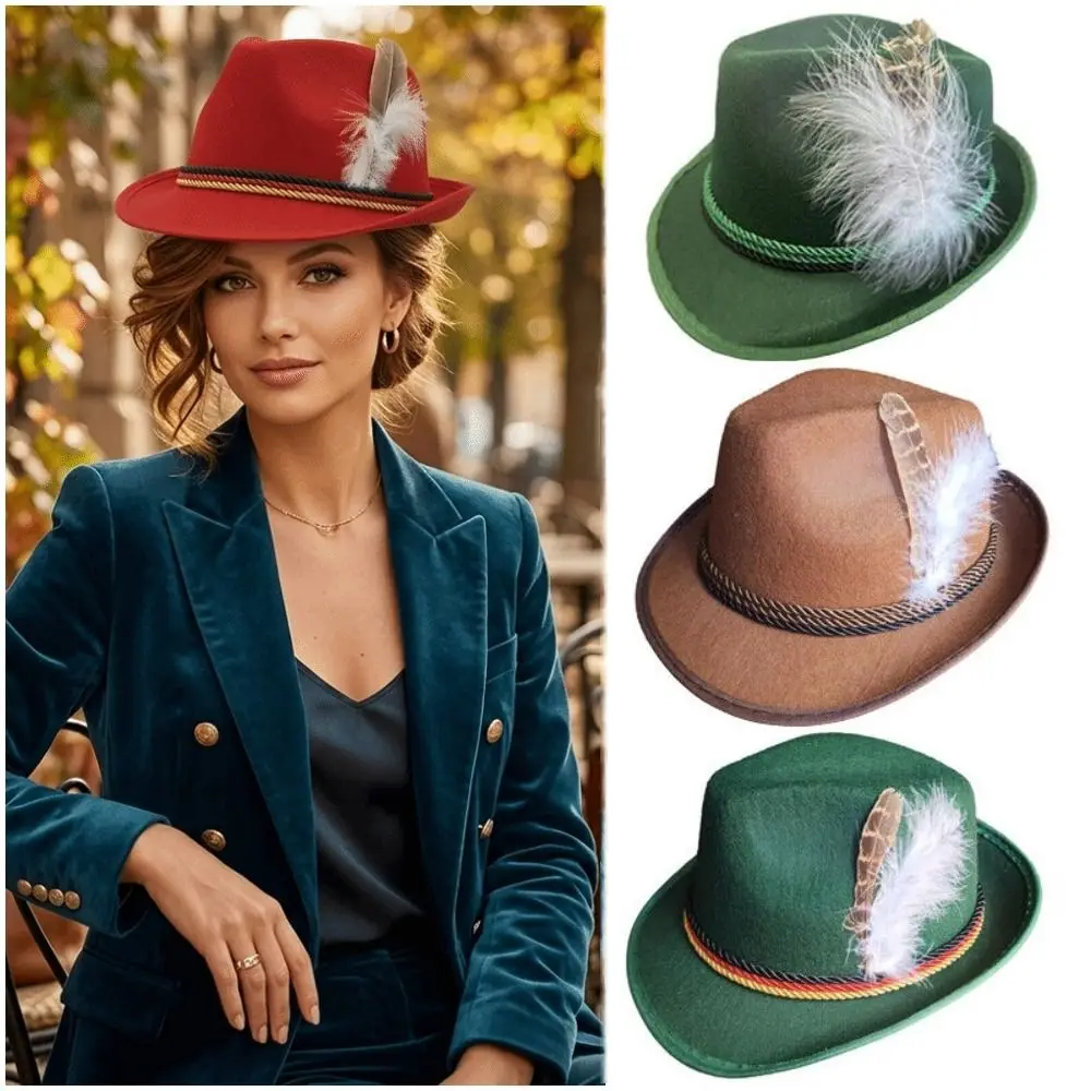 New Classic Bavarian Feather Hat Decorative Side Cord Western Fedora Hat Structured Brim Dress Up Jazz Cap Men Women