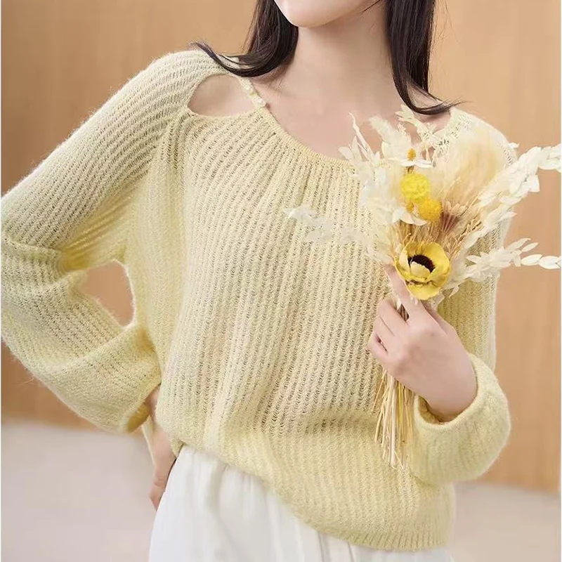 

New Hollow Out Thin Pullovers Women Spring Autumn Loose Breathable Knitting Tops Korean Gentle Style Long Sleeve O-Neck Jumpers