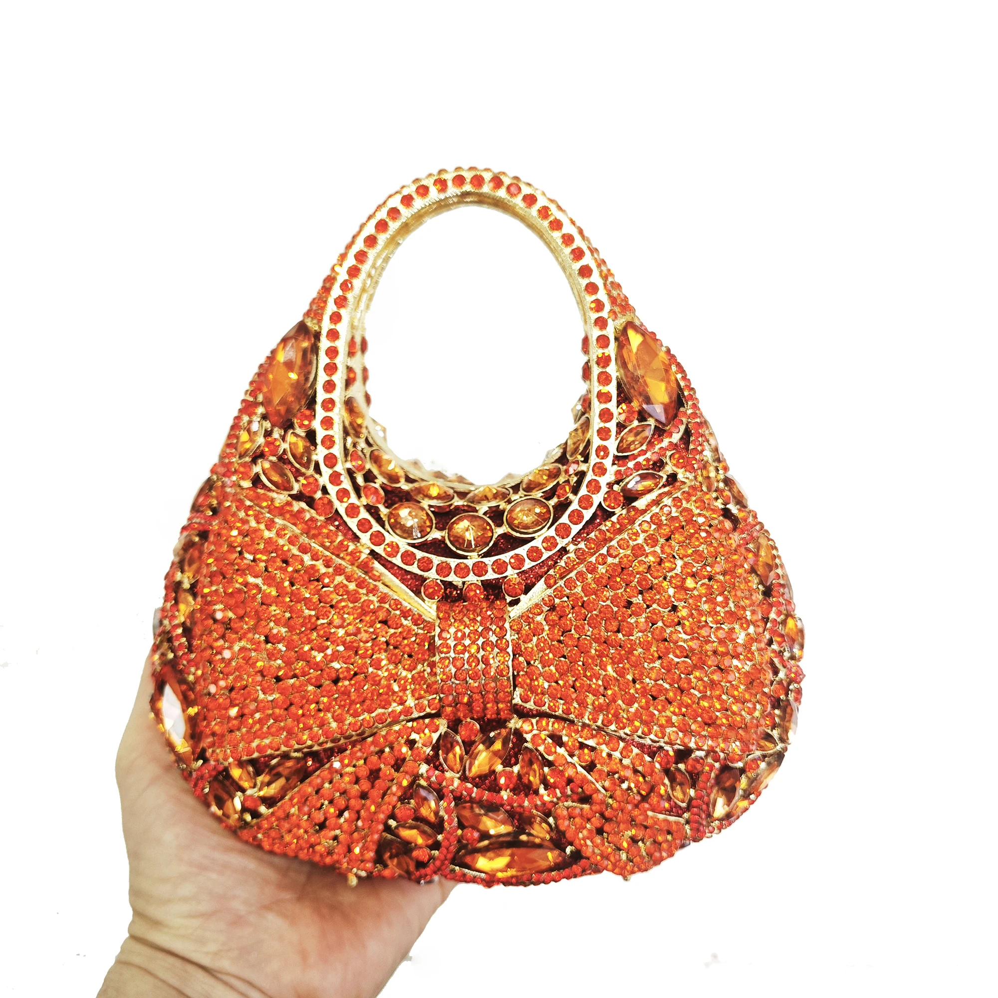 WHTUOEHNG Bow Orange Rhinestone Top-Handle Bag Diamond Evening Bag Crystal Party Handbag Wedding Bridal Purses Gala Dinner Clutc