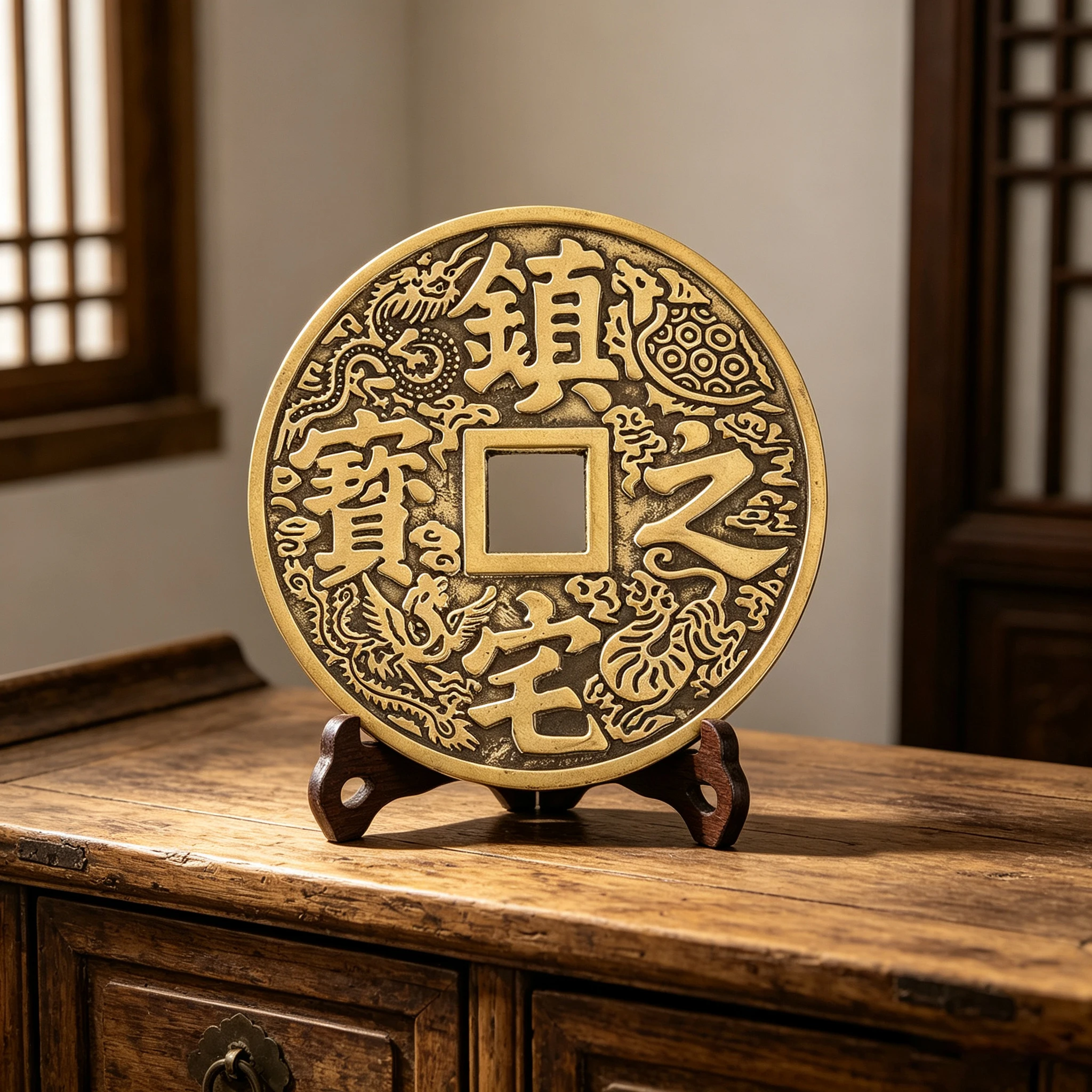 Vintage Town House Treasure Feng Shui Large Brass Coin Divine Beast Relief Chinese Home Entryway Table Decor Hanging Ornament