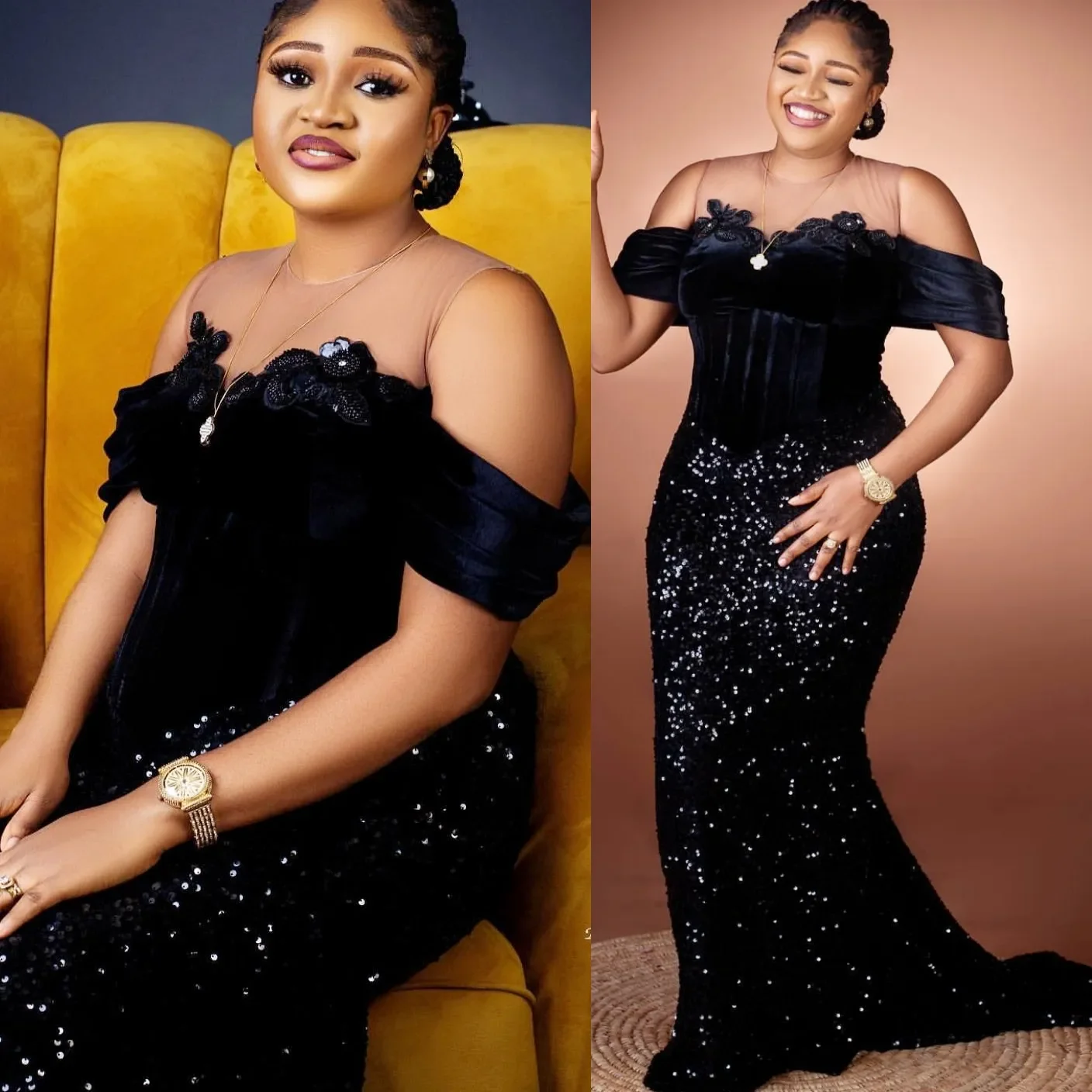 

Новое роскошное черное бальное платье русалки по индивидуальному заказу, сексуальное облегающее кружевное блестящее вечернее платье с открытыми плечами и рукавами, 2025 г.