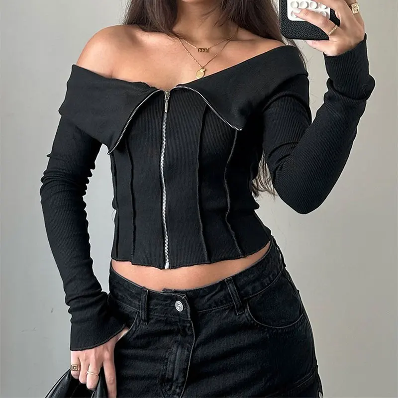 Black Sexy T-shirt New Autumn Women Streetwear Fashion Zippers Long Sleeves Tees Elegant Female Versatile Casual Slim T-shirt