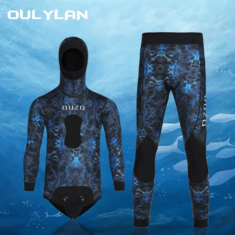 Oulylan 5mm Neoprene Men's Camouflage Wetsuit Hooded 2 Pieces Long Sleeve Fission Submersible For Men Keep Warm Diving Suit