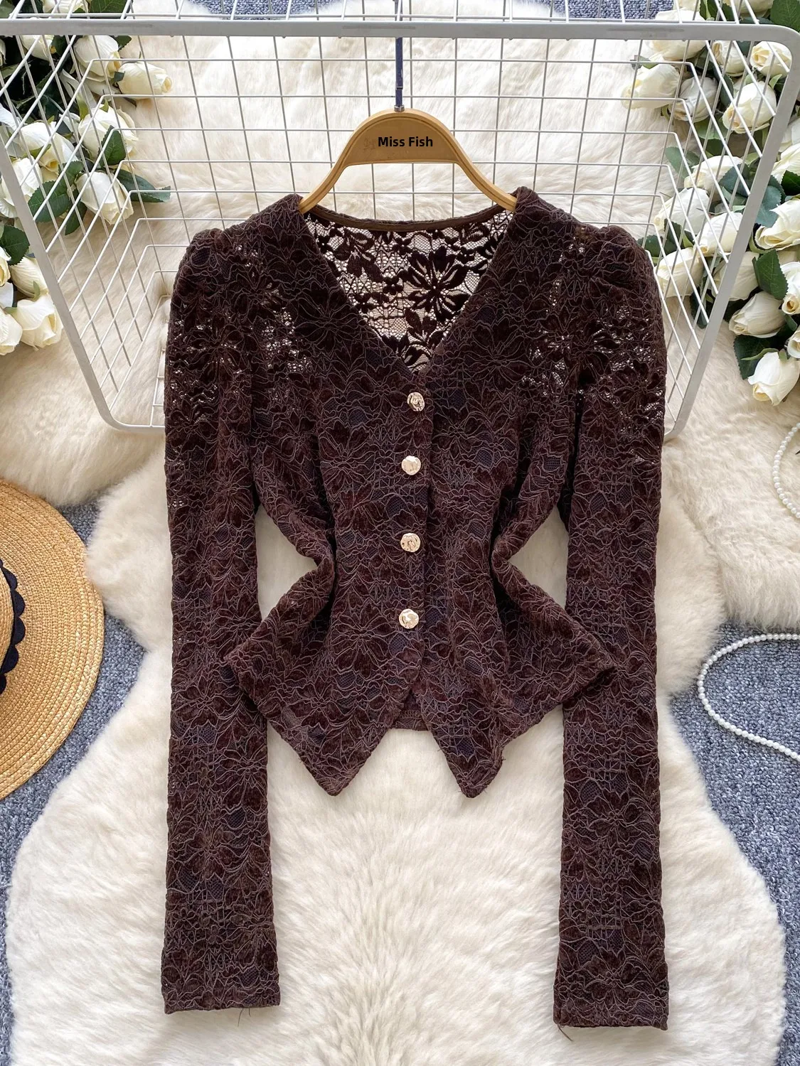 

Elegant Long Sleeve V-Neck Women's Shirt Slim Fit Lace Top Fashionable Casual Wear Polyester Fiber 2025 Autumn Winter Collection