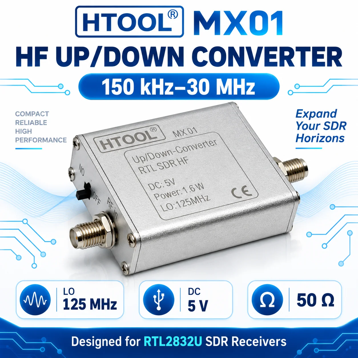 MX01 HF Frequency Converter, 150 kHz to 30 MHz Wideband Input, 125 MHz Local Oscillator for RTL SDR Receivers and RF Testing