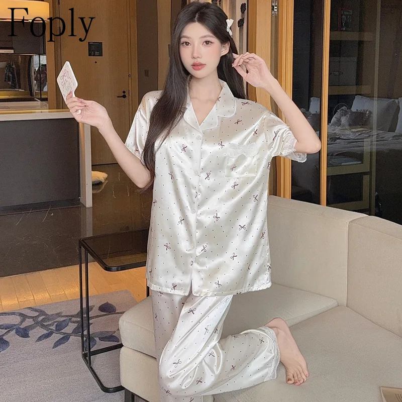 Korean Style Print Women Pajamas Set Ice Silk Summer 2 Piece Pyjama Satin Silk Sleepwear Shortsleeve Pants Pijama Pjs Loungewear