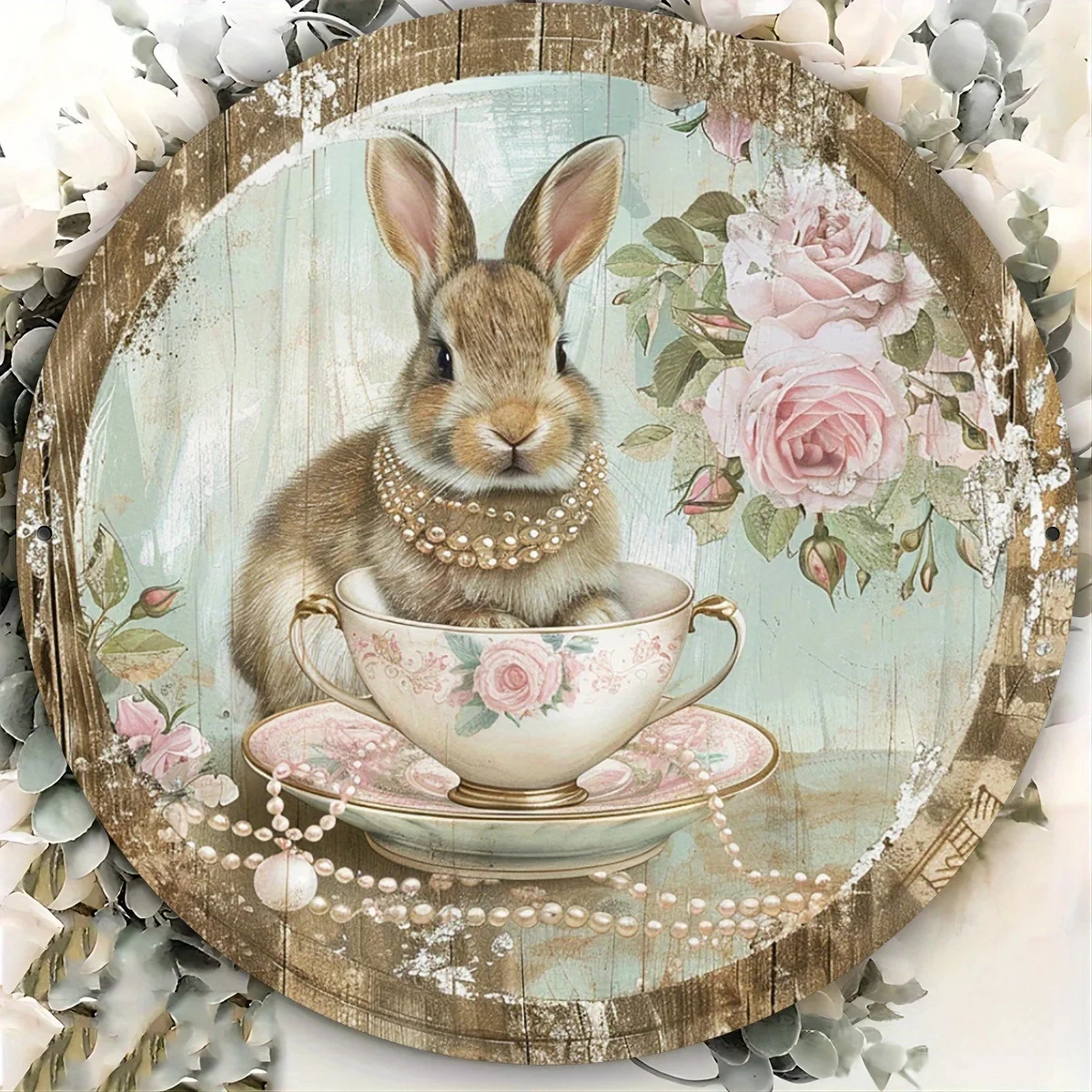 Vintage Rabbit and Teacup Metal Wall Art - Fantasy Aluminum Sign with Pearl Necklace and Floral Motifs, 8x8inch Round Rust-Proof Pieces