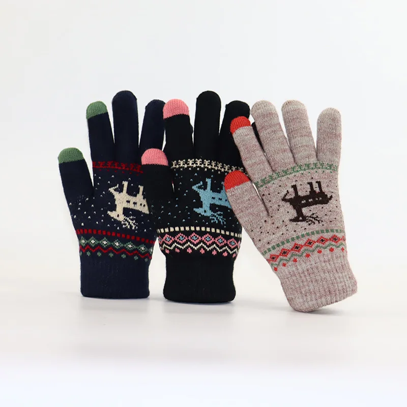 Autumn and Winter Thickened Touchscreen Warm Women's Fleece-Lined Cycling Cartoon Knitted Wool Fingerless Gloves