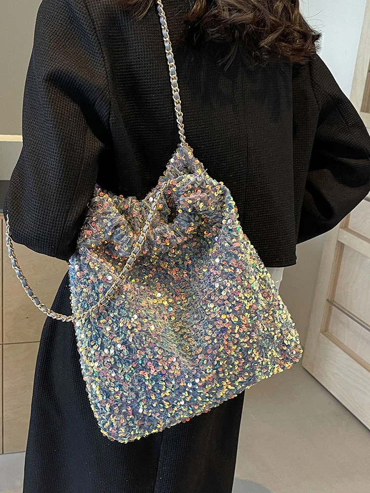 Sequin Bucket Handbags and Purse Underarm Tote Bag for Women 2024 New Fashion Shiny Chain Shoulder Bag Female Prom Party