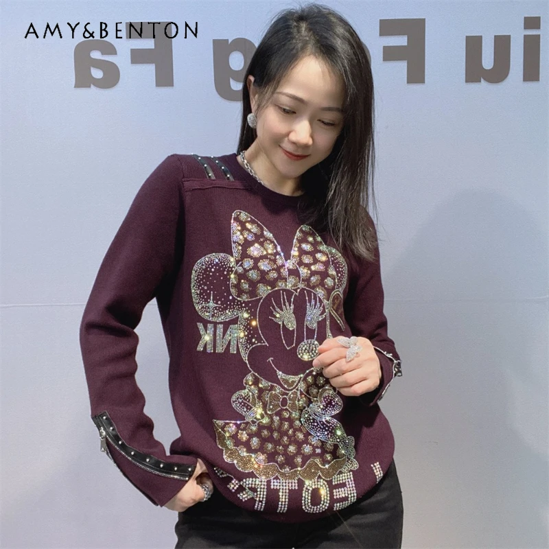 

Американский ретро-свитер для женщин: модный, с круглым вырезом, длинными рукавами, в рубчик, с изысканной отделкой стразами, стильный, на молнии, вязаный, женский