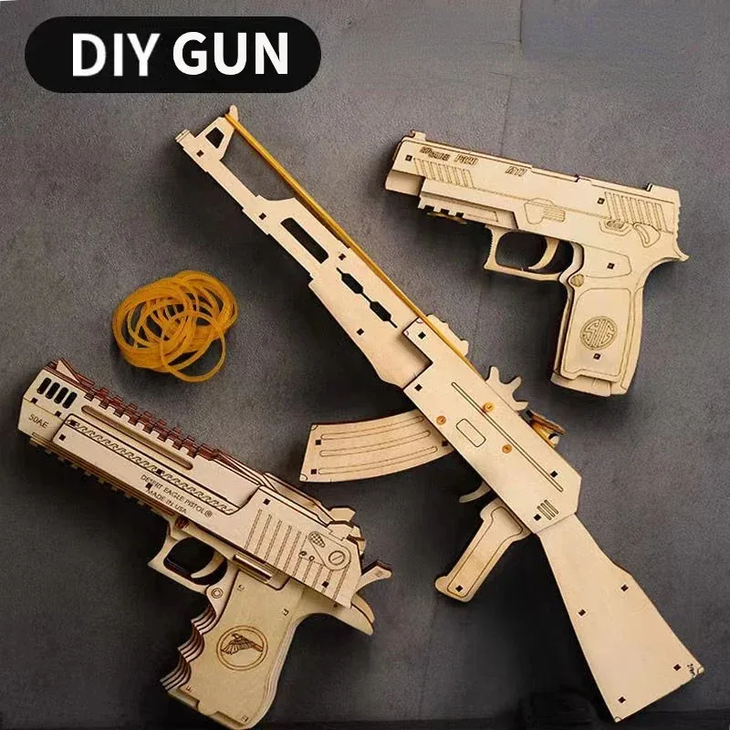 AK47 Sand Rubber Band Guns Toys Wooden Mechanical Shooting Models Kits Assembly Build Block Children Gifts