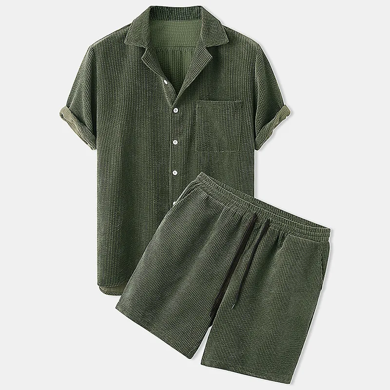 Mens Summer Corduroy Hawaiian 2 Piece Set Luxury Solid Short Sleeve Shirt Shorts Casual Streetwear Tracksuit view 4