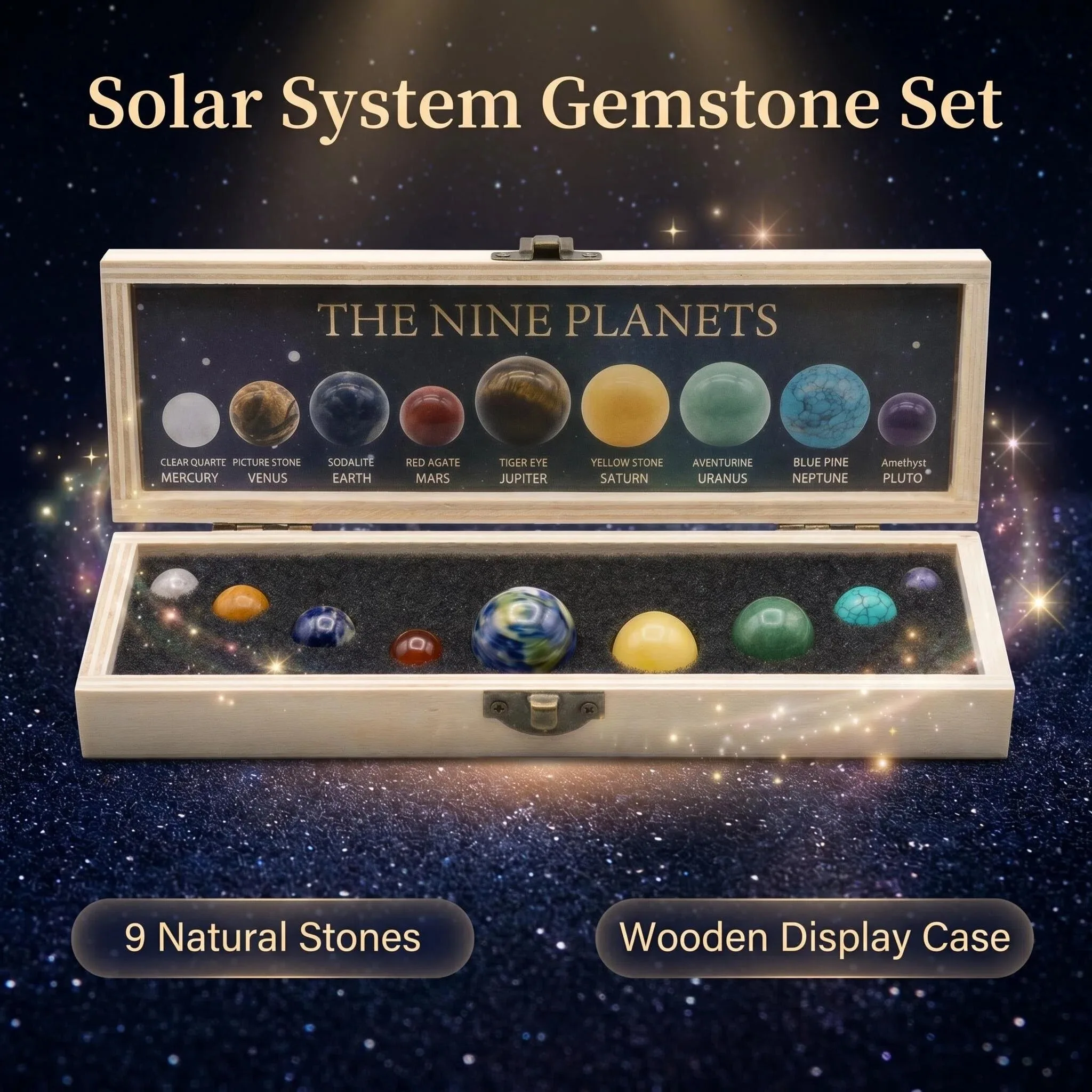Conjunto de Pedras Preciosas Naturais do Sistema Solar, 9 Planetas, Esfera de Pedra, Modelo de Galáxia, Ornamentos para Presentes, Decoração para Casa e Escritório