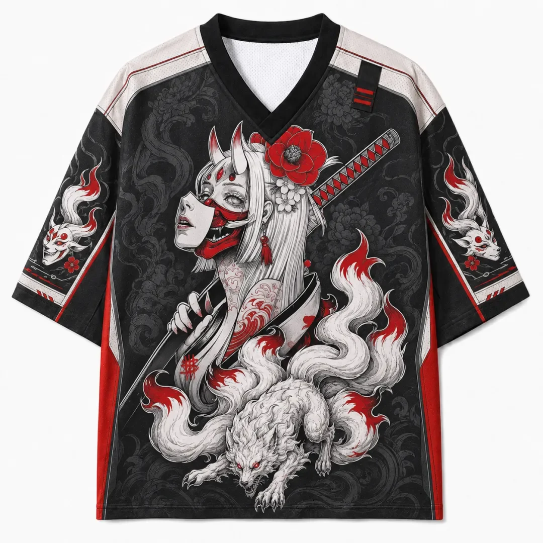 Japanese Ghost Girl Nine Tailed Fox Full Screen Printed Eastern Mythical Fox Warrior Knife Flower Tattoo Art Loose T-shirt