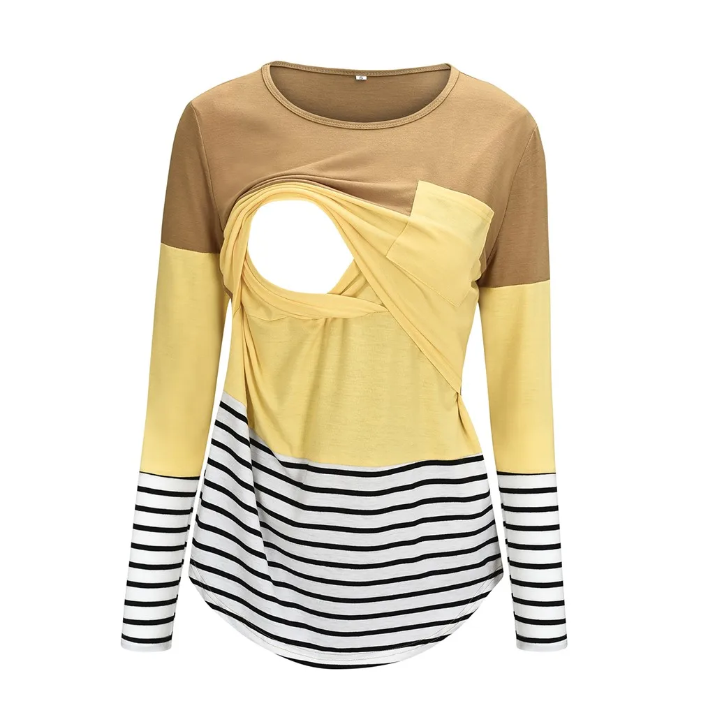 Mode Schwangere Frauen Nähte Farbe Stillen Pflege T Shirts Beiläufige Lose Langarm T Tops Für Mutterschaft – Detail 19