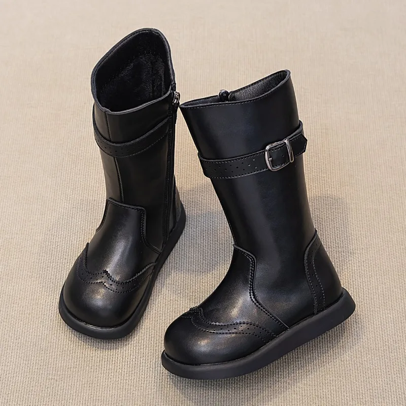 Little Girls Buckle Strap Leather Boots 2026 New Winter Kids Warm-lined Mid-calf Boots Non-slip Simple Princess Christmas Party