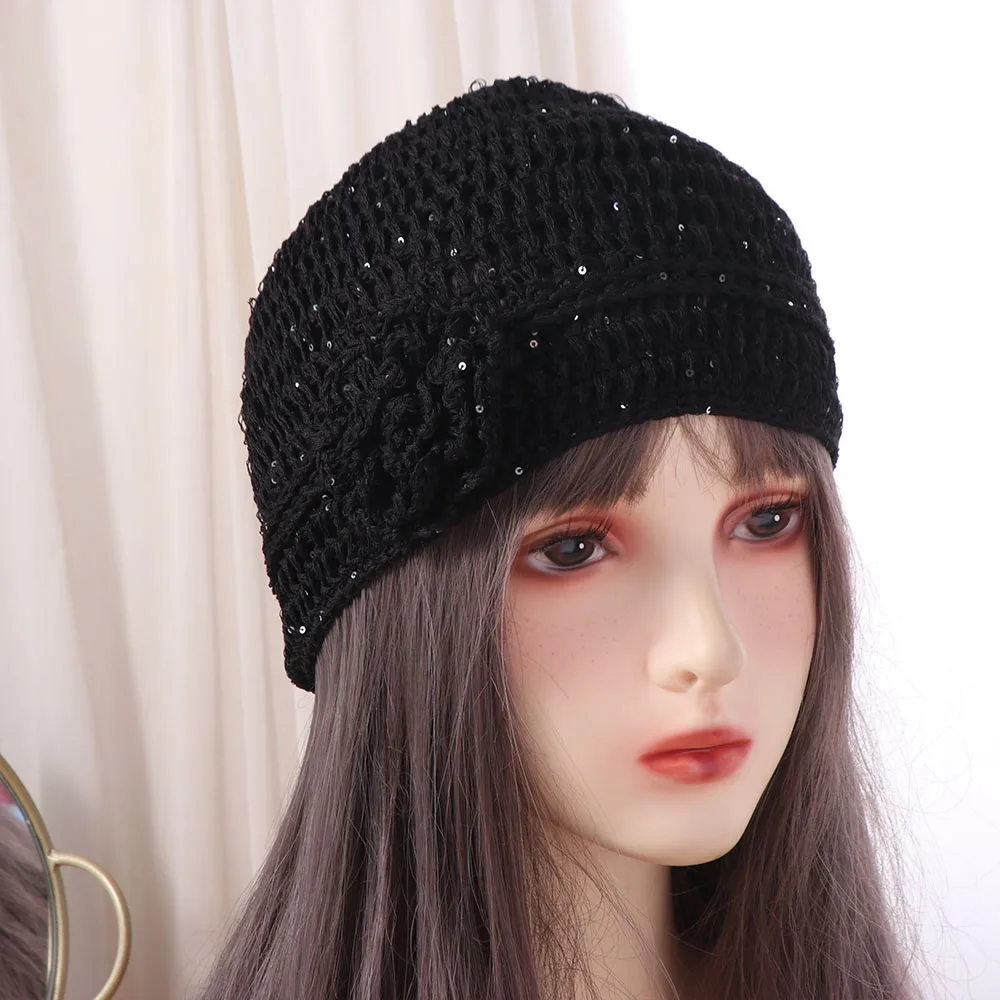 

Fashion Handmade Crochet Flower Hat Glitter Bling bling Beanies Hat Hollow Korean Sequin Knitted Hat Apparel Accessories