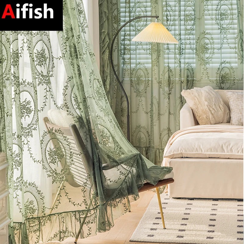 Cortinas de tul Vintage transparentes de color verde oscuro, elegantes cortinas de ventana con flores bordadas y volantes para dormitorio y balcón