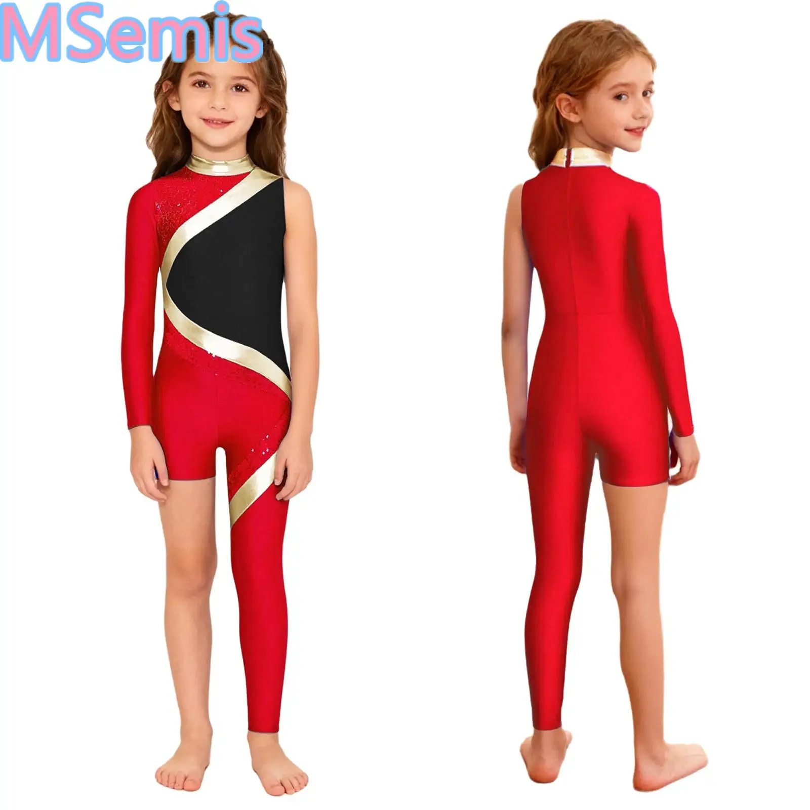 

Kids Girls Gymnastics Jumpsuit Mock Neck Back Invisible Zipper Shiny Sequins Color Block Asymmetrical Dance Jumpsuit