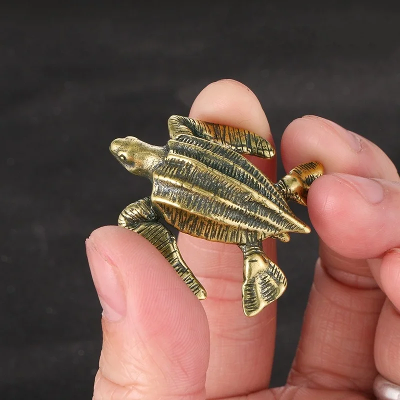 Solid Brass Sea Turtle Figurine Miniature Tea Pet Craft Desktop Small Ornament Animal Home Decoration Accessories Children Gifts