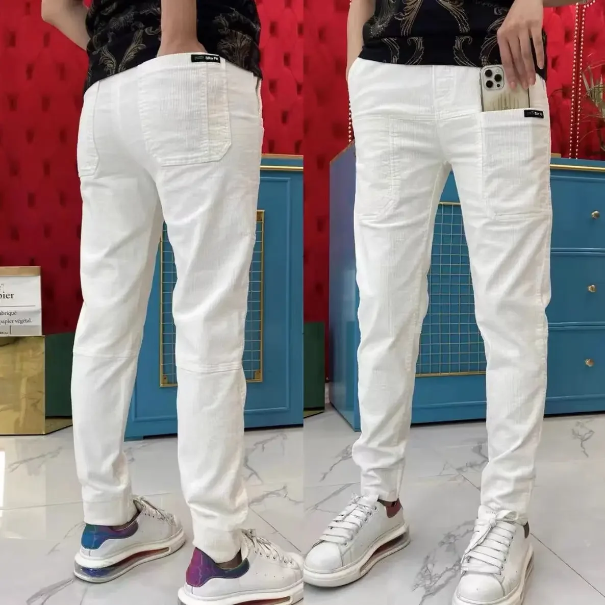 Corduroy Cargo กางเกงผู้ชายหลวมอเมริกัน Retro Casual Elastic ทํางาน Splicing หลายกระเป๋าซี่โครงขากางเกงวิ่ง