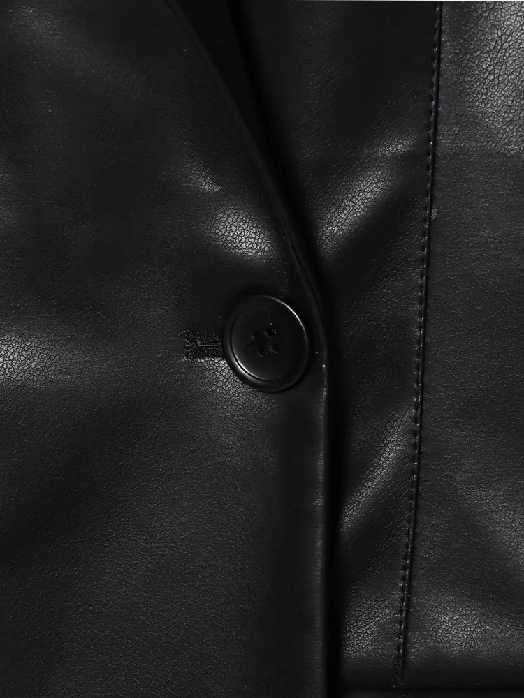 Estilo europeu e americano outono novo estilo de viajante feminino fino plutônio imitação de couro textura manga longa com decote em v terno jaqueta