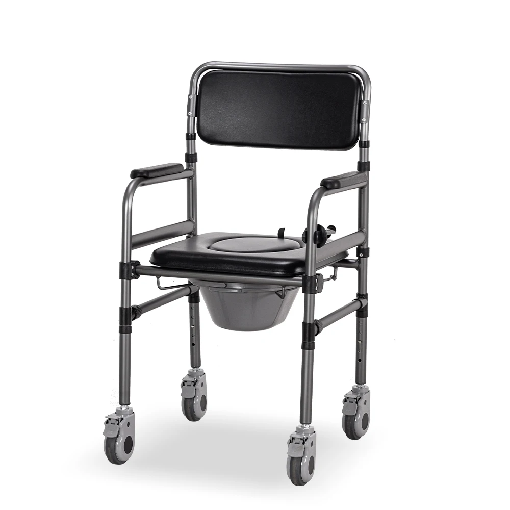Removable Aluminum Toilet Chair with Wheels for Patient Elderly Shower Foldable Commode 250kg Capacity Bathroom Safety Equipment