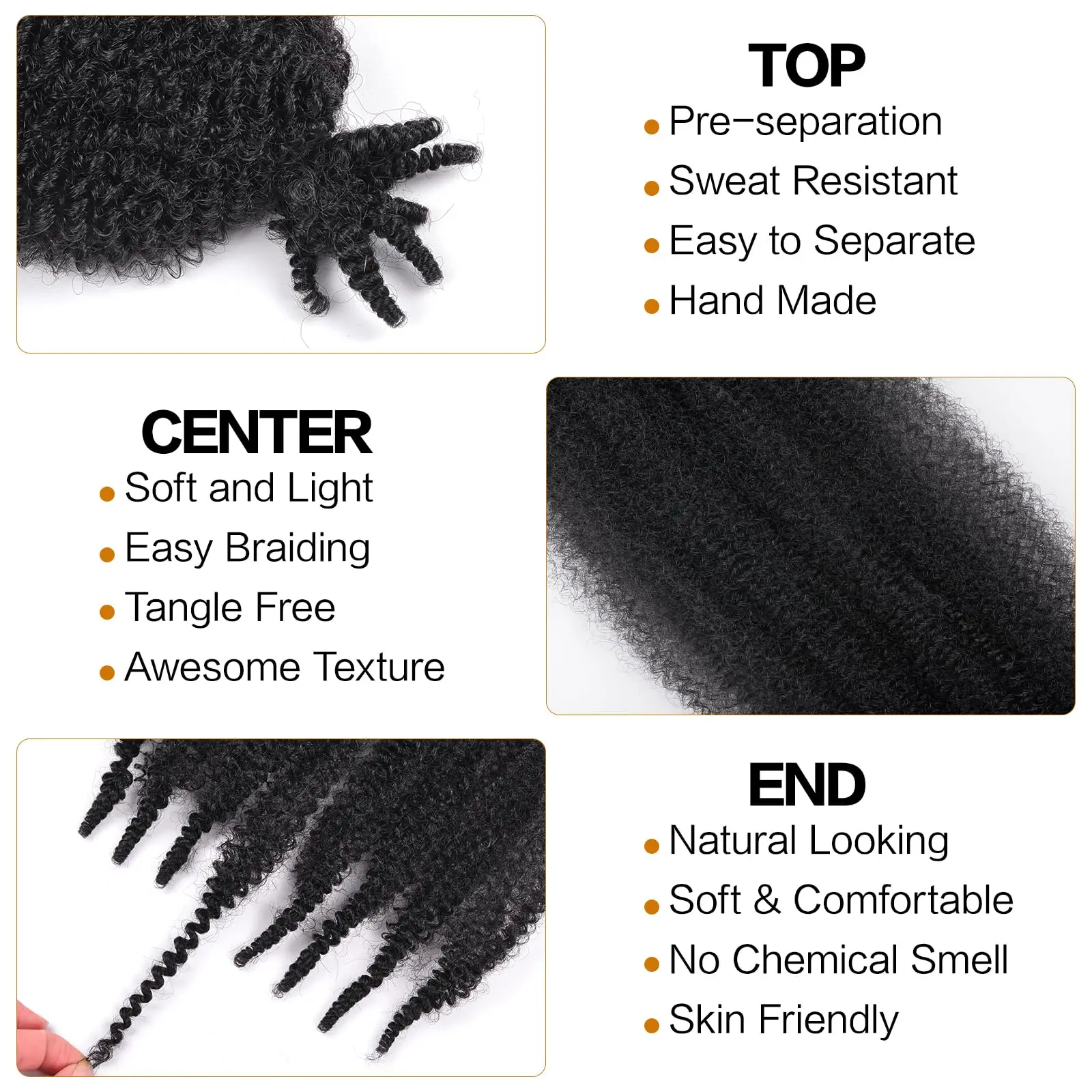 ผมถักเปียแบบ Afro Twist แบบสปริงที่แยกส่วนไว้ล่วงหน้า เหมาะสำหรับผมเสีย ผมนุ่ม  ผมสังเคราะห์แบบ Marley Twist สำหรับผู้หญิงผิวดำ