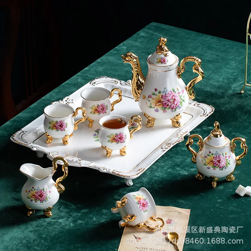 European style coffee utensils with blooming flowers, wealth and prosperity, large plates, sugar pot, milk pot, golden dragon an