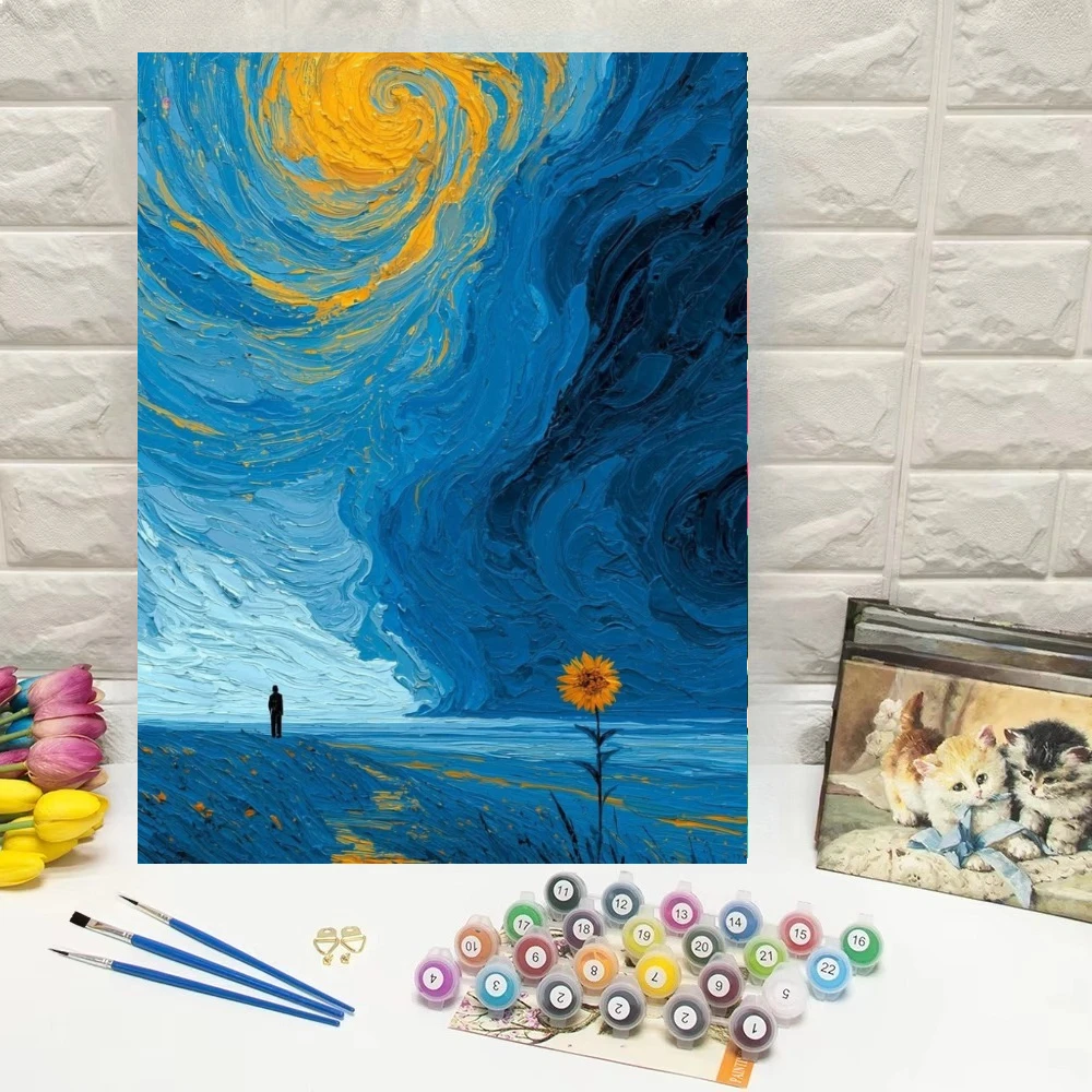 Swirling Sky Landscape with Sunflower and Figure Oil Painting By Numbers Modern Wall Decor for Living Room Bedroom Gift No Frame