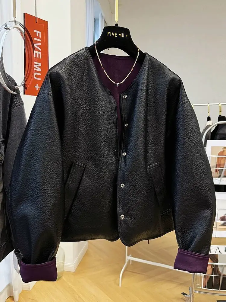 Luxury High-end Patchwork Leather Jacket Women's Spring Autumn PU Leather Coat Vintage O-neck Button Outerwear Long-sleeved Top