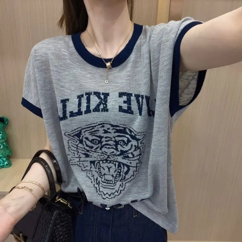 Summer New Women's Contrast Color Crew Neck Letter Pullovers Fashion Loose Casual Simplicity Short Sleeve Versatile T-shirt Top