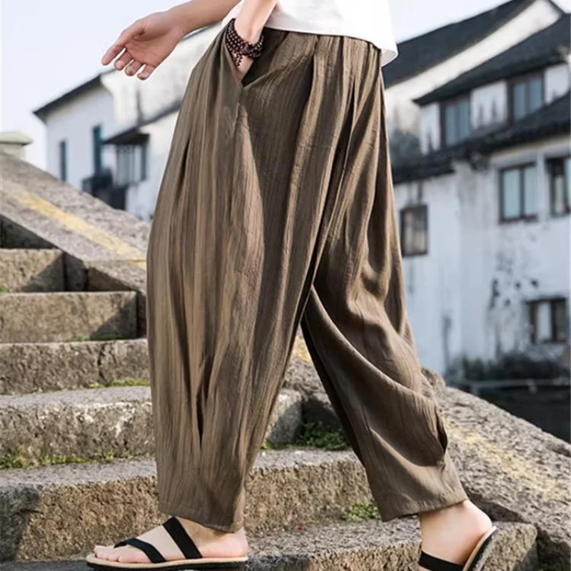 Chinese Style Linen Trousers 2024 Summer New Solid Color Elastic Drawstring Patchwork Pockets Vintage Loose Casual Wide Leg Pant