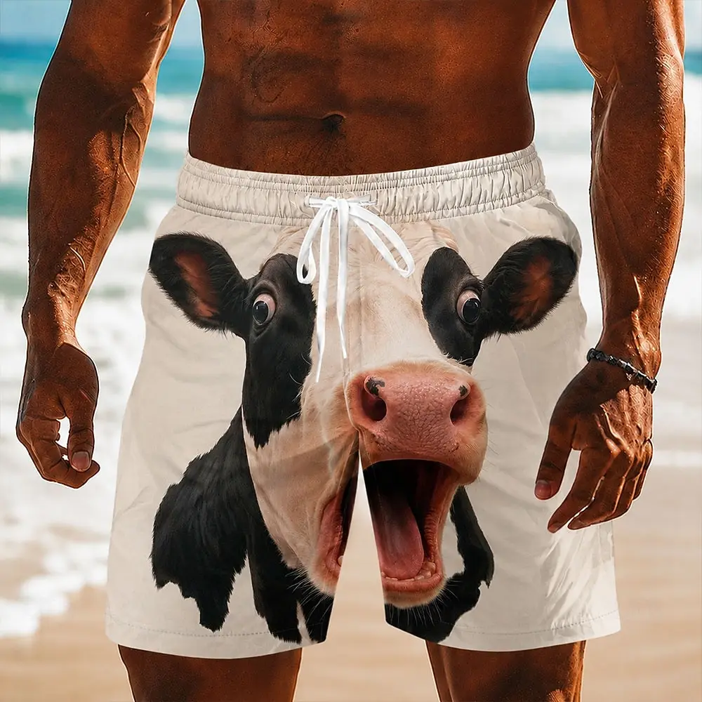 Men's Spring Summer 3D Printed Drawstring Shorts, White Base Realistic Big Mouth Cow Head Funny Animal Print Casual Daily Shorts