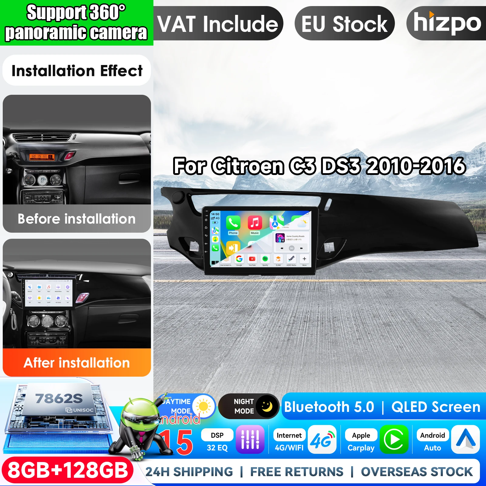Hizpo Bildschirm Android 16 Auto Carplay für Citroen C3 DS3 2010-2016 Autoradio Video-Multimedia-Player GPS-Navigation DSP Stereo BT Tools Touch-Display Airplay Autoradio-Player Stereo GPS-Navigation