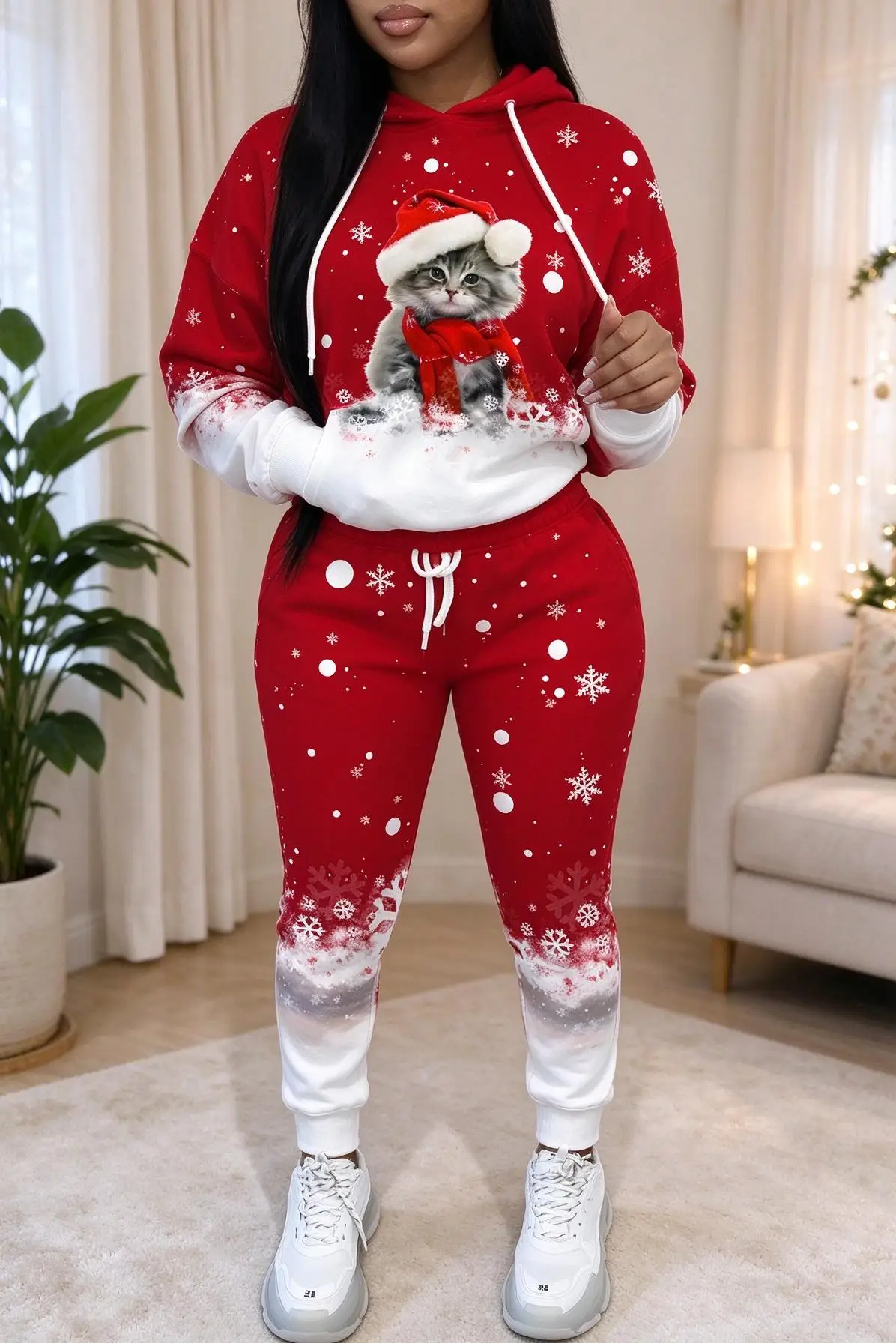 Women Christmas Cute Animal Print Hooded Tracksuit, Snowflake Gradient Hoodie & Cuffed Jogger Pants 2 Piece Outfit