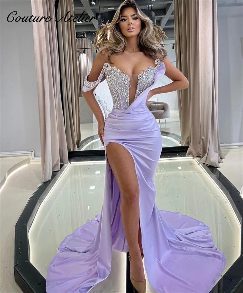 Sliver Crystal Beading Off The Shoulder Lilac Prom Dress Hight Slit Party Evening Elegant Luxury Celebrity Formal Occasion Dress