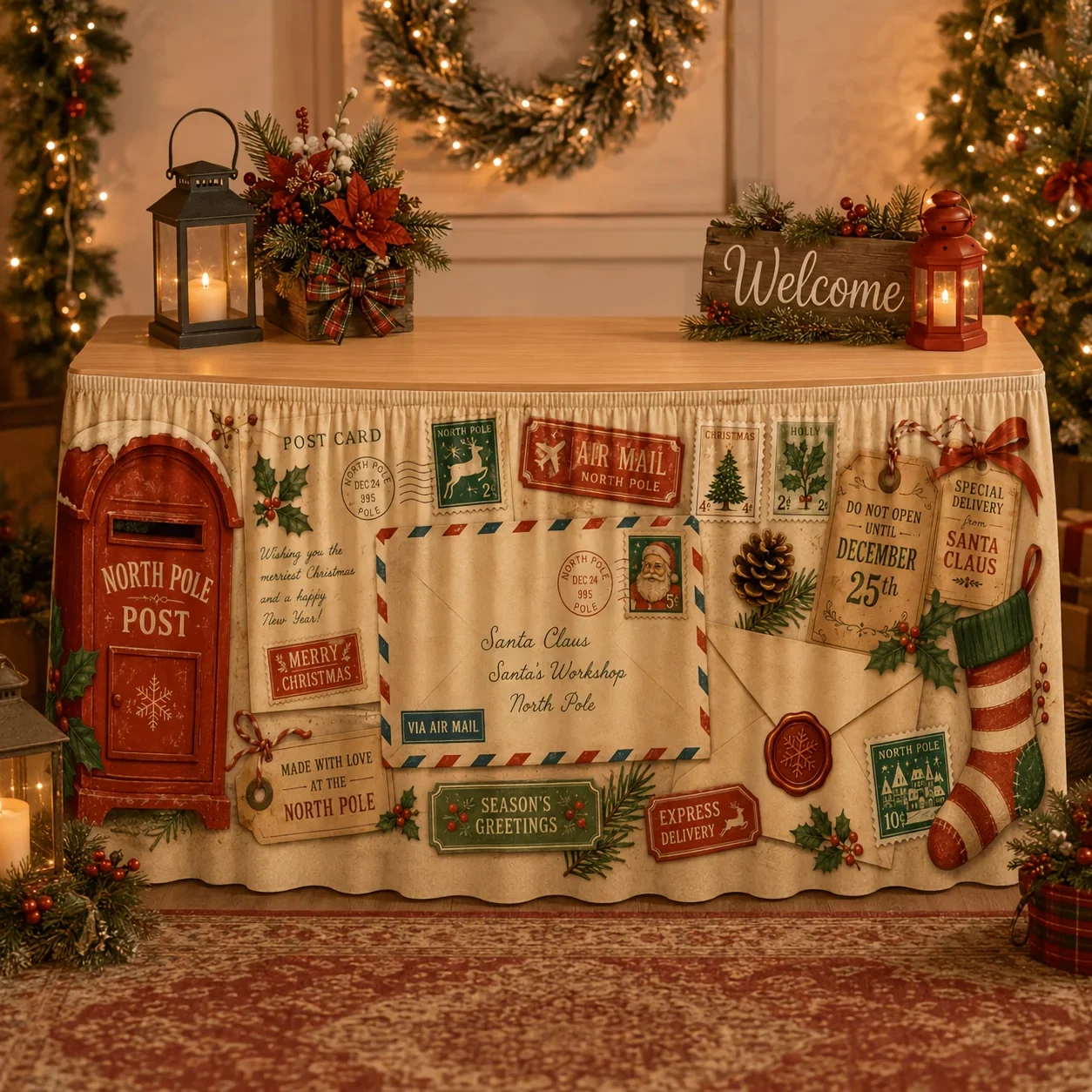 1 tablecloth, retro Arctic post office envelope stamps, Lu Ban pinecone Christmas stocking, retro Christmas tableclothxzj