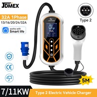 32A 7KW 1Phase Type2 EV Portable Charger 11KW 16A 3Phase EVSE Fast Charging Cable 5m CEE Plug APP Control for Electric Vehicle