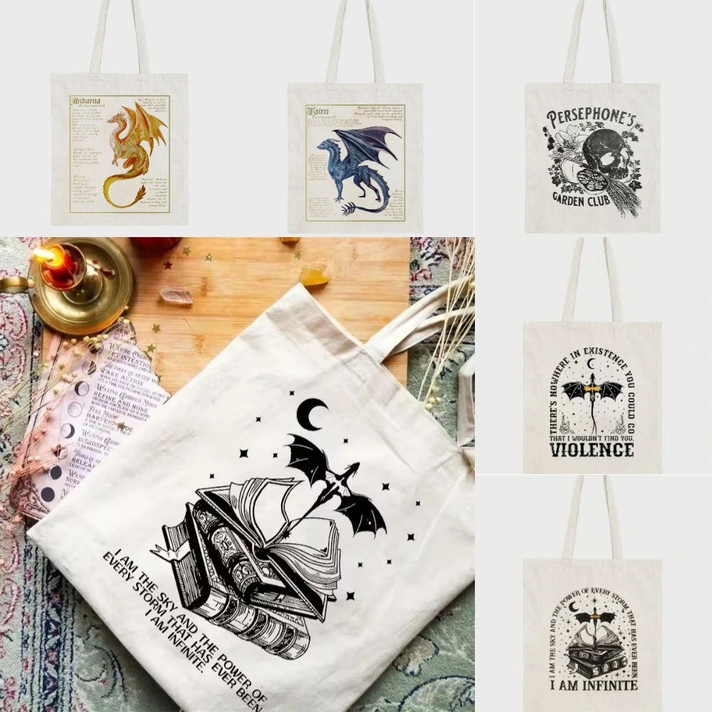 Dragon Themed Canvas Tote Bag Fourth Wing Basgiath War College Inspired Reusable Shopping Bag Foldable Eco Friendly Women Gift
