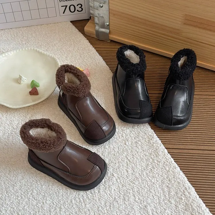 

Осенне-зимние сапоги для девочек, короткие хлопковые сапоги в Корейском стиле для девочек, кожаные ботильоны принцессы, детские кружевные боковые молнии