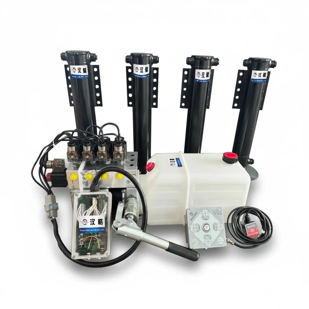 RV Auto Leveling System, 4 Double Acting Telescopic Hydraulic Legs, 12V 24V Power Unit, Heavy Duty Steel, Motorhome Caravan Part