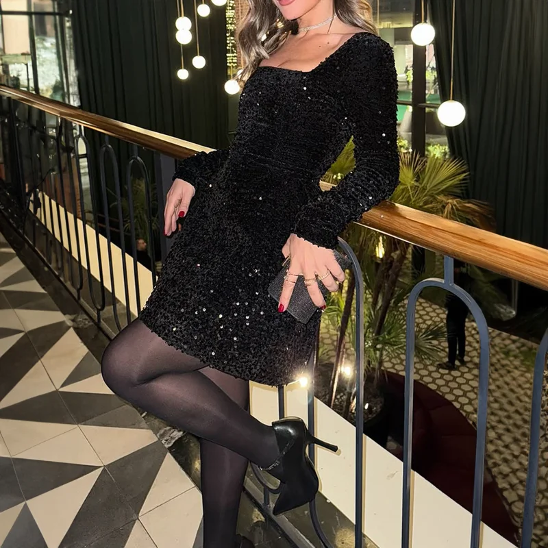 Elegantes, langärmliges, langes Rockkleid mit Pailletten für Damen, Herbst und Winter